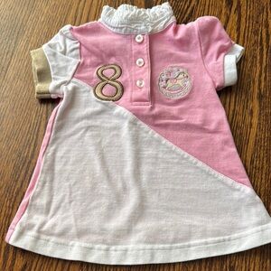 Nelblu white/pink/tan color block pique short sleeve ruffle collar dress. 6 mo.